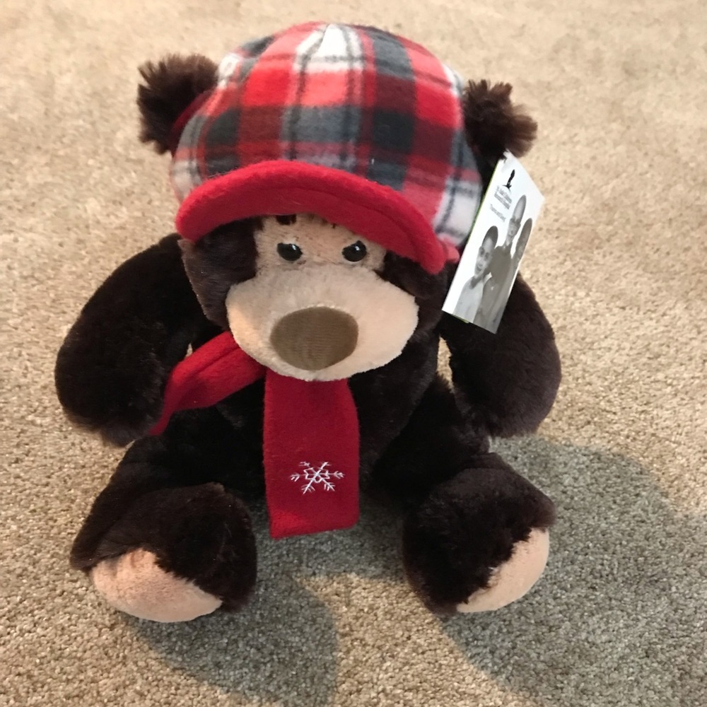 Hug fun brown stuffed bear with hat and scarf Saint Jude holiday